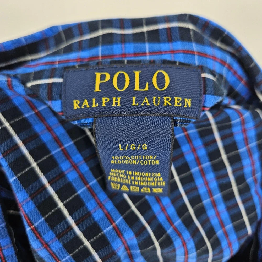 Polo Ralph Lauren‎ Pajama Shirt Mens Large Blue Plaid Cotton Long Sleeve Button